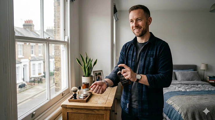 A modern, clean photograph of a man applying a signature spicy aftershave in a bright, naturaly lit bedroom in a British home. spicy fragrance men