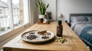 A photorealistic image of a man in a coffee shop applying a spicy fragrance, captured with natural light and a focus on professional, clean aesthetics.