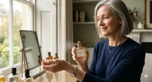A stylish woman in her 50s elegantly spraying a luxury eau de parfum, highlighting classic perfume for mature women.