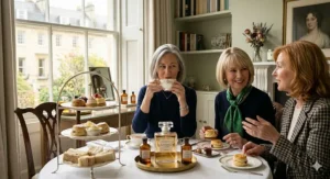 A group of elegant mature women enjoying high tea, showcasing the lifestyle associated with classic British fragrances.