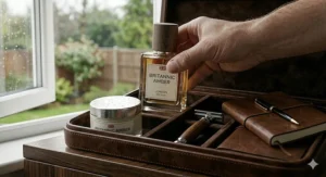 A detailed flat-lay of a luxury leather grooming tray holding a bottle of 'Britannic Amber' cologne, a safety razor, shaving cream, and leather-bound notebooks by a window.