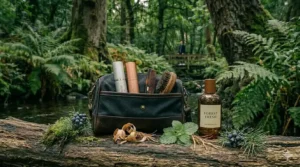 A sophisticated canvas and leather travel holdall packed with travel-sized atomisers, a wooden comb, and a hairbrush next to a full bottle of fresh summer cologne for men.