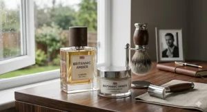 A close-up shot of a classic wooden dressing table next to an open window, featuring a bottle of 'Britannic Amber' cologne for men, matching shaving cream, a traditional wooden shaving brush, and a safety razor.