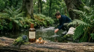 A detailed forest landscape featuring a men's fresh summer cologne bottle on an oak log in the foreground, with a man washing his hands in a clear stream in the background.
