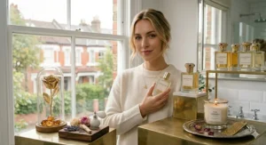 A blonde woman presenting a trendy perfume bottle amidst an elegant dressing table setup with a luxury scented candle labelled 'The Library', gold accents, and a glass-domed gold rose.