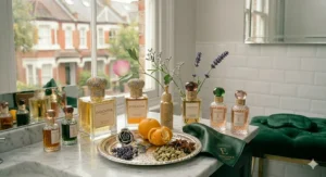 An artistic display of modern ladies' fragrances arranged on a marble vanity top, featuring a silver platter filled with natural ingredients including cardamoms, star anise, fresh lavender, and citrus fruits.