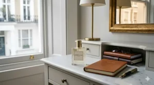 A sleek, rectangular perfume bottle placed on a wooden desk next to a leather-bound diary and a fountain pen.