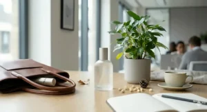 A professional woman's desk featuring a laptop, a warm cup of tea, and a bottle of office appropriate perfume for ladies tucked into her bag. (watermarked_img_8419110009190749689)
