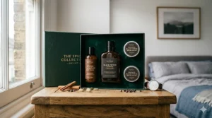 A lifestyle shot of a neatly organised bathroom cabinet displaying a collection of spicy men’s fragrances and grooming essentials in soft morning light.