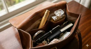A chic gold travel atomiser and a leather handbag, illustrating portable classic perfume for the busy, mature professional.