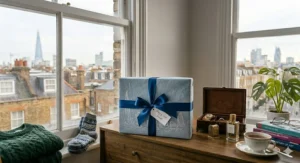 Elegantly wrapped perfume box with a ribbon, ideal for a 20th or 21st birthday gift in the UK.