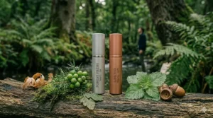 A detailed close-up of matte silver and bronze travel atomisers for a men's fresh summer cologne, displayed on a mossy log with natural ingredients in a British woodland.
