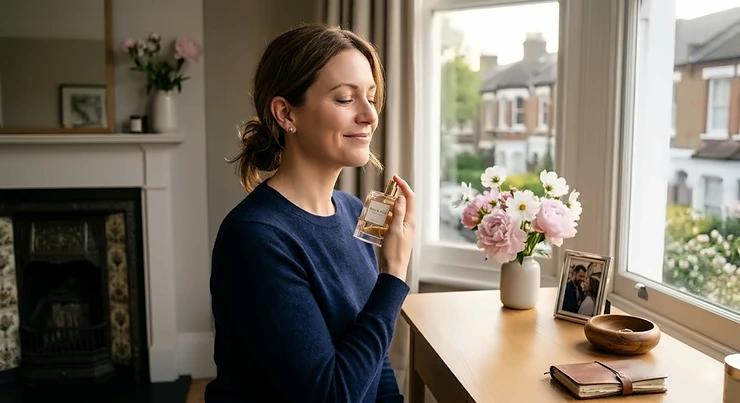 A sophisticated glass bottle of romantic perfume for women on a marble vanity next to a bouquet of pink peonies and an English tea set. romantic perfume for women