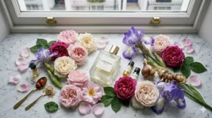 An artistic flat lay showing a perfume bottle surrounded by English rose petals and iris bulbs, representing classic elegant scents.