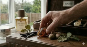 A winter or autumn scent guide scenario showing a man's hand selecting raw fragrance ingredients, including rich amber resin, vanilla pods, and earthy patchouli leaves, laid out on a wooden table next to a bottle of men's cologne.