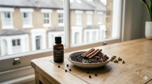 A close-up, high-detail shot of raw ingredients including black peppercorns, cinnamon sticks, and cardamom, displayed on a wooden surface with a view of traditional British terrace houses in the background.