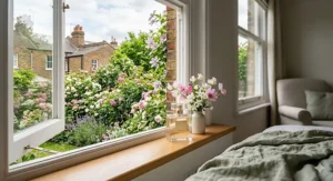 A bright, airy photograph from inside a London apartment showing a glass bottle of romantic perfume for women resting on a white painted windowsill, with a flourishing British back garden full of roses and lavender in full summer bloom visible outside.
