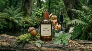 An intricate, deconstructed scent pyramid arrangement featuring a fresh summer cologne bottle for men, nestled amidst dewy moss, a woodland acorn, oak curls, and mint leaves.