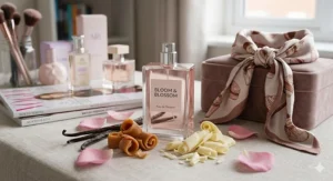 A playful illustration featuring vanilla pods and caramel swirls representing sweet-smelling perfumes for teens.