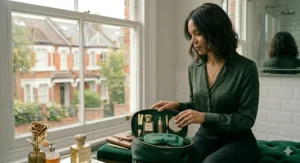 A chic brunette woman packing a luxury travel-size perfume and matching silk eye mask into a premium dark green leather vanity case on a plush velvet bench.
