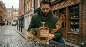 A bottle of premium men’s winter cologne sitting on a rustic wooden table with a soft, warm glow.