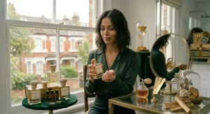 A brunette woman testing a trendy fragrance on her wrist at a glass dressing table adorned with amber crystals, an atomiser, a gold circular mirror, and rich green velvet details.