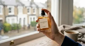 Alt text for image 5: A bottle of rich, sophisticated perfume for women, styled with a wool scarf for a British autumn aesthetic.