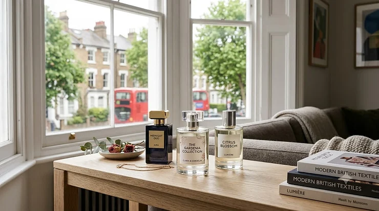 A professional 4K photograph of a selection of affordable designer perfume bottles arranged on a light wood console table in a modern London apartment. Natural light from a sash window highlights the labels and glass textures, looking across to a blurred red double-decker bus on a street outside. A minimalist interior with art books anchors the scene. affordable designer perfume