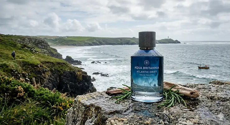A premium bottle of aquatic cologne for men featuring fresh, marine-inspired notes.