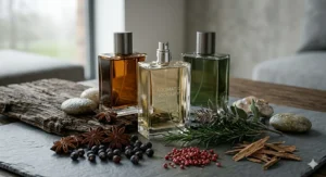 Various cologne bottles arranged with fresh herbs, spices, and bark to illustrate aromatic scent profiles.