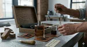 A perfumer blending oils to create a bespoke leather scent for men in an artisan studio.
