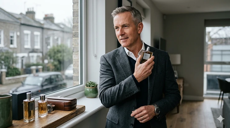 A mature man selecting a premium fragrance bottle from a stylish collection. cologne for men over 50