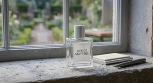 A 4K photorealistic composition of an ‘Office Matters’ perfume bottle, accompanied by business cards and a fountain pen on a clean, sunlit windowsill.