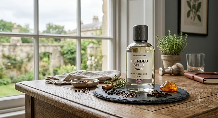 A premium bottle of spicy unisex cologne featuring warm notes of black pepper and ginger, styled for a modern British fragrance collection. spicy unisex cologne