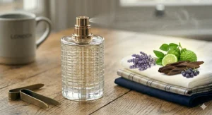 Illustration of the raw botanical ingredients, including lavender and bergamot, used to create an iconic cologne for men.