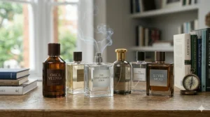 A collection of six diverse designer aftershave bottles arranged by theme on an oak surface.