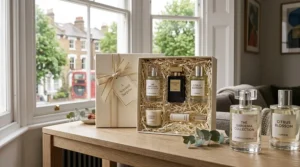 A person in a casual grey knit jumper browses a clean, elegant e-commerce website on a silver laptop. The screen displays 'AFFORDABLE DESIGNER PERFUME' and specific UK price points, showing the process of buying perfume online in the UK. The established London window view is in the background.
