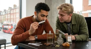 Two men sitting together in a flat, testing and discussing different colognes using fragrance strips.