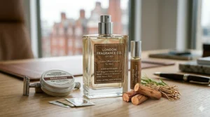 A curated grooming set on a desk featuring a 'LONDON FRAGRANCE CO.' bottle, beard balm, and wooden scent accents, presented in a high-detail, natural light setting.