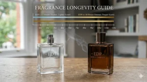A longevity guide comparing Eau de Toilette and Eau de Parfum with descriptive labels and ascending smoke.