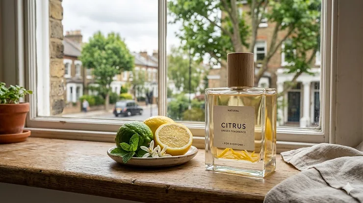 A luxury citrus unisex fragrance bottle on a minimalist marble surface. citrus unisex fragrance