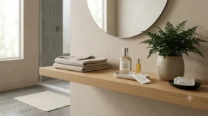 A sleek bottle of clean minimalist perfume styled on a contemporary bathroom shelf.