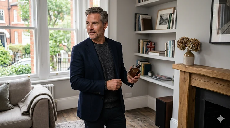 A sophisticated mature gentleman holds a premium cologne bottle in a modern London living room. cologne for men over 40