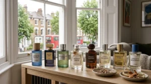A visual comparison display: on one side, the 'affordable' designer bottles; on the other, three luxury-branded fragrances with subtle price tags. A hand points to the affordable bottle, illustrating how consumers can compare designer and high-street scents intelligently.