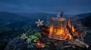 Warm embers of an evening bonfire, representing the lingering, smoky notes of the fragrance.
