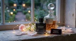 A 4K photorealistic close-up of a ‘Midnight Blossom’ perfume bottle at dusk, illuminated by warm, glowing fairy lights in an atmospheric garden setting.