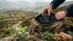 Premium scent bottle placed inside a rustic leather travel bag for a weekend adventure.