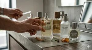A person holding a fragrance testing strip near an assortment of cologne bottles on a contemporary concrete countertop.