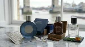 A detailed arrangement of bottles and natural ingredients, including "RIVER THAMES," "HACKNEY WOODS," and "SPICE ROAD" with cloves and cinnamon.
