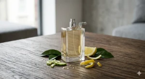 A bottle of cologne on a wooden table surrounded by fresh bergamot and lemon slices representing citrus fragrance notes.
